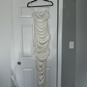 Maxi white ruched dress with side slit